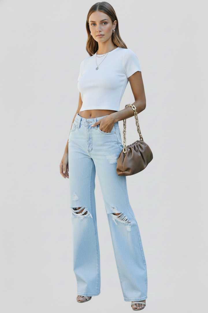 Maja | Women's Jeans | Wide-Leg High Waist Distressed Knees