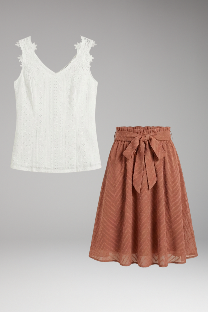 Nala | Women's Two Piece Set | Lace Top Flared Skirt