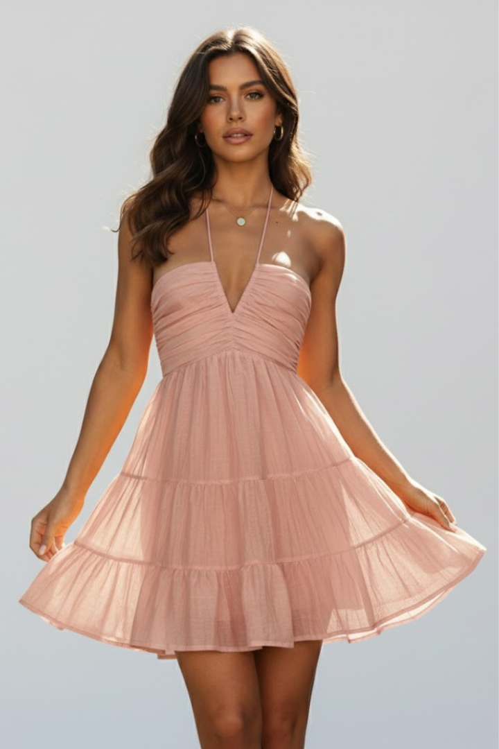 Vera | Women's Halter Mini Dress | Tiered Ruffle Skirt