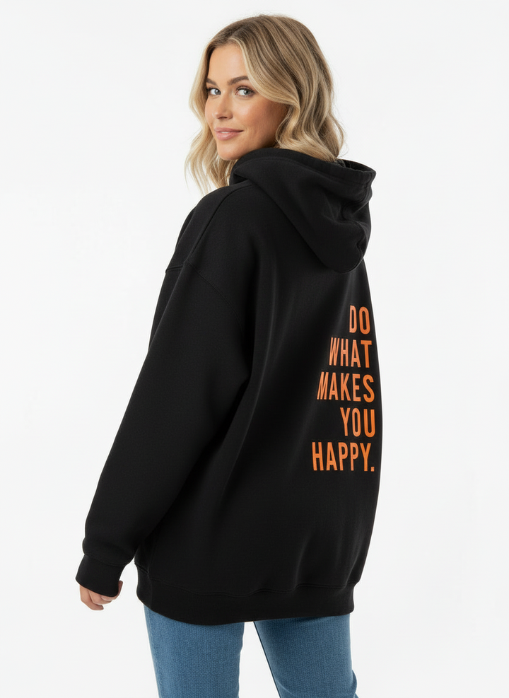 Women's Oversized Slogan Pullover Hoodie - Black