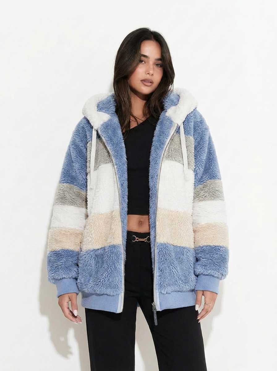 Women's Striped Fleece Zip Hoodie - Blue