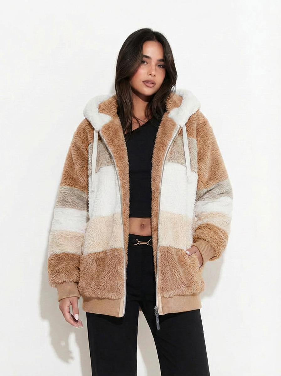 Women's Striped Fleece Zip Hoodie - Brown