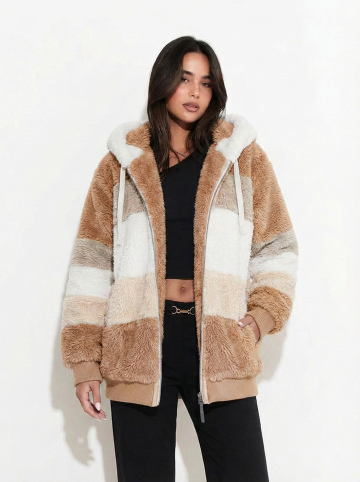Women's Striped Fleece Zip Hoodie - Brown