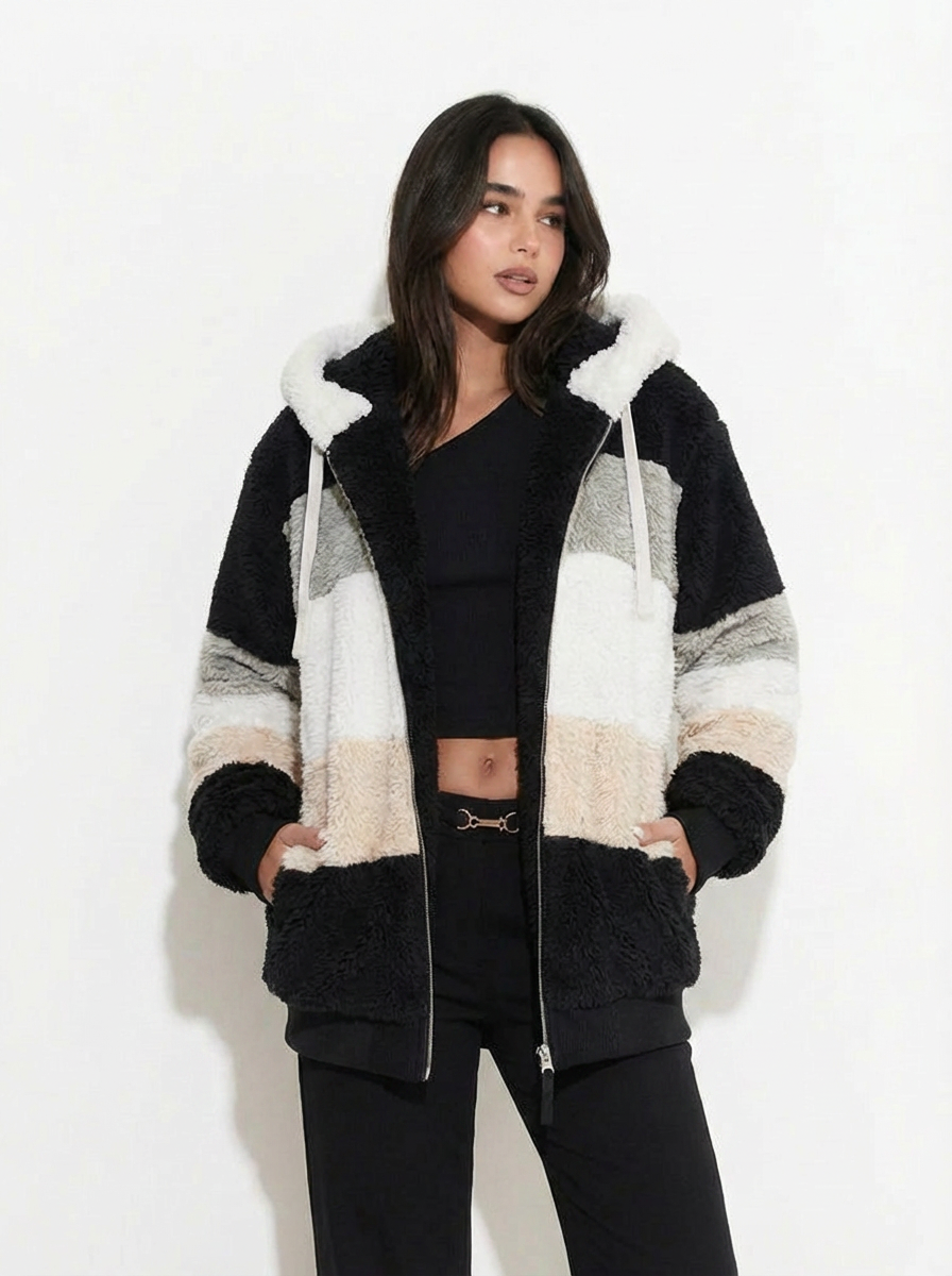 Women's Striped Fleece Zip Hoodie - Black