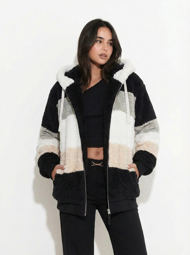 Women's Striped Fleece Zip Hoodie - Black
