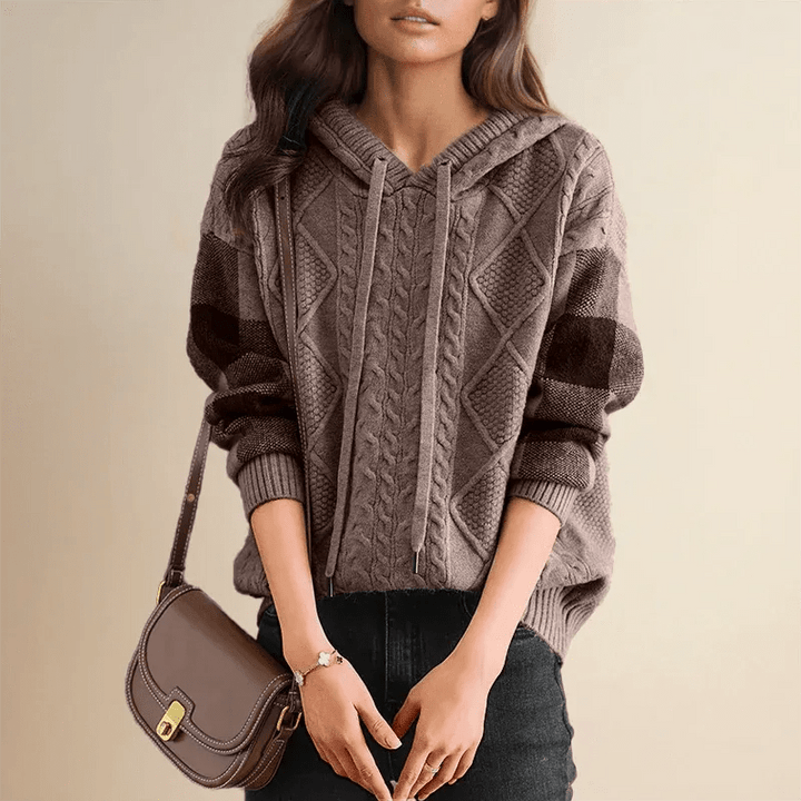 Lina | Women's Cable Knit Checkered Sleeve Hoodie