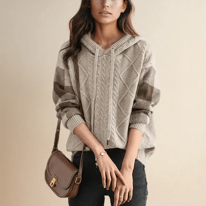 Lina | Women's Cable Knit Checkered Sleeve Hoodie