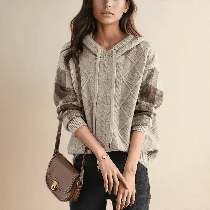Lina | Women's Cable Knit Checkered Sleeve Hoodie