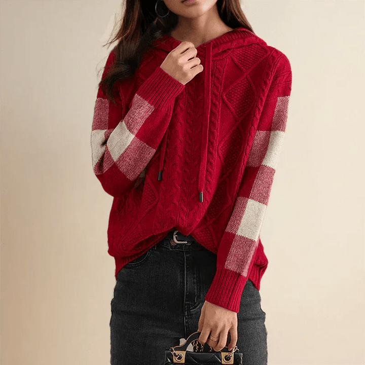 Lina | Women's Cable Knit Checkered Sleeve Hoodie