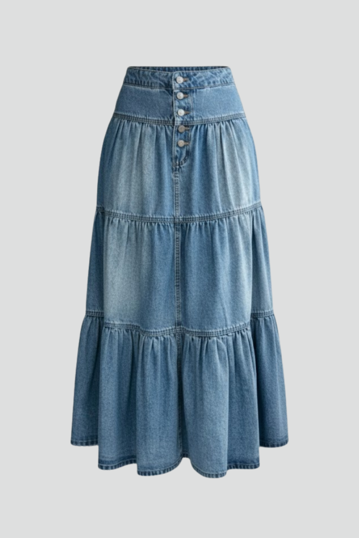 Wren | Women's Denim Maxi Skirt | Buttons Tiered
