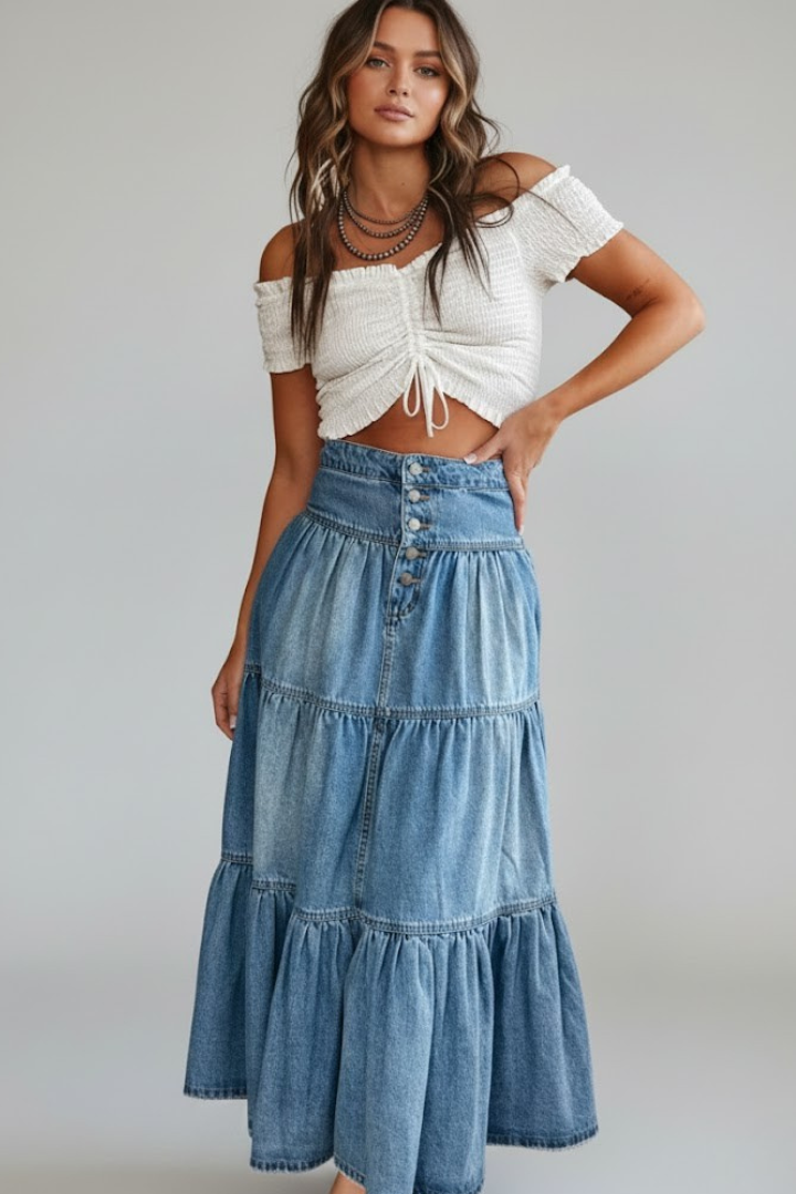 Wren | Women's Denim Maxi Skirt | Buttons Tiered