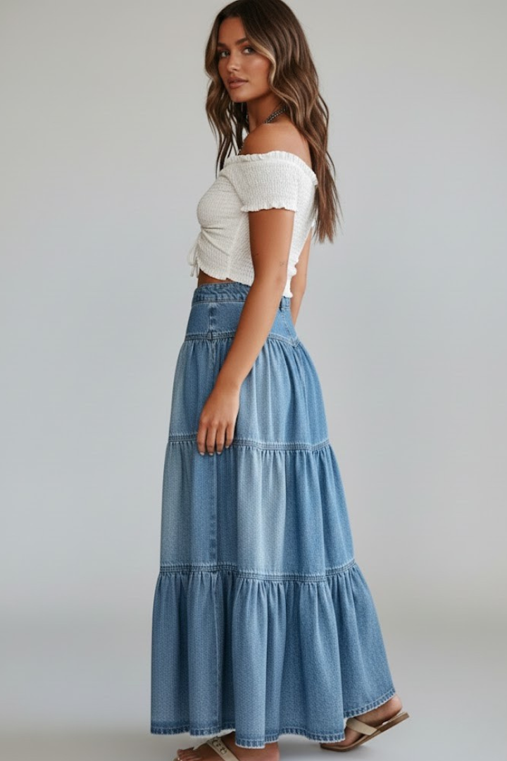 Wren | Women's Denim Maxi Skirt | Buttons Tiered