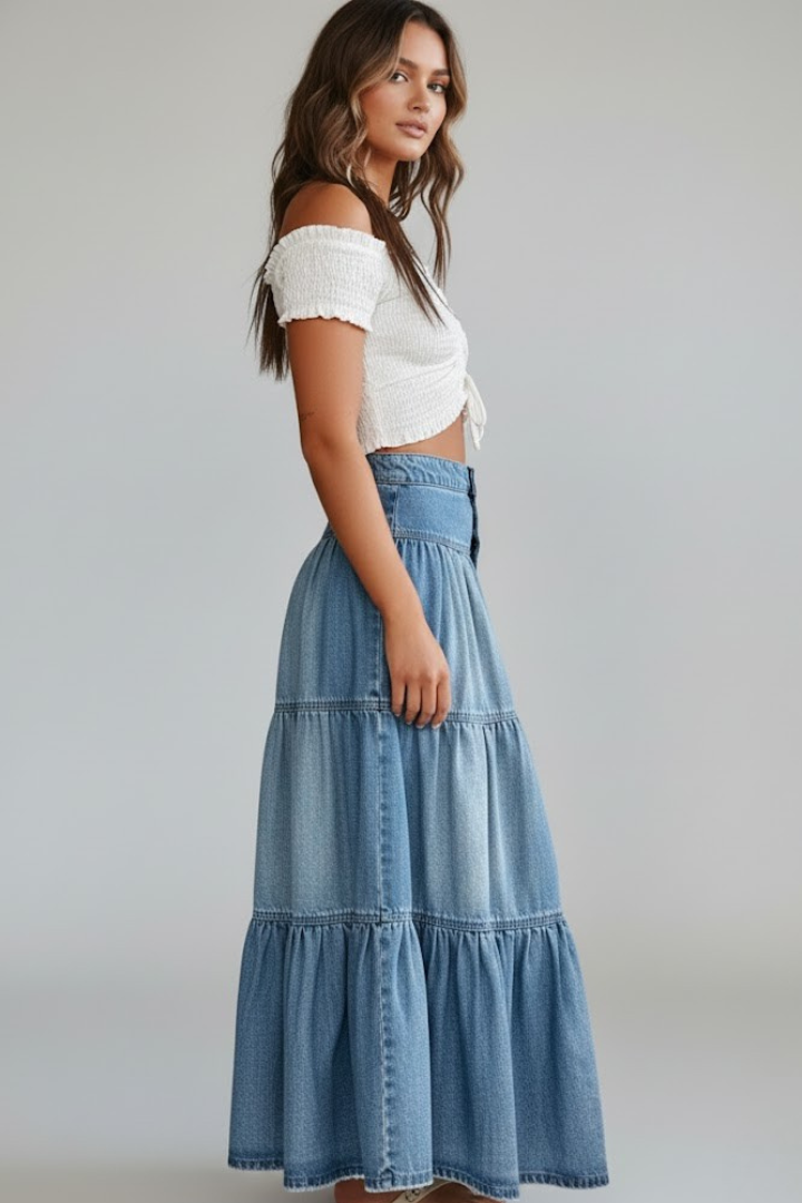 Wren | Women's Denim Maxi Skirt | Buttons Tiered