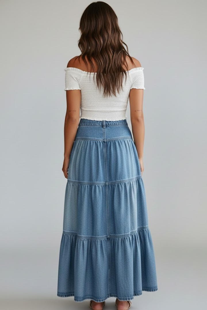 Wren | Women's Denim Maxi Skirt | Buttons Tiered