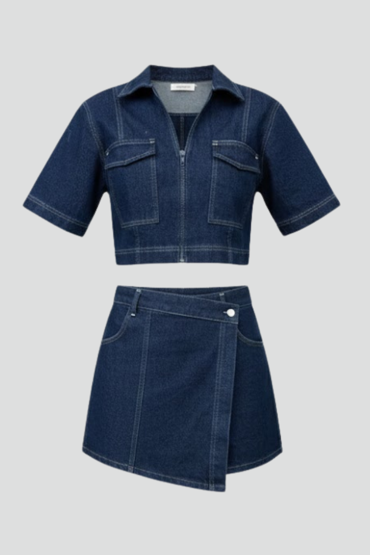 Aria | Women's Two-Piece Denim Set | Zip-Up Crop Top