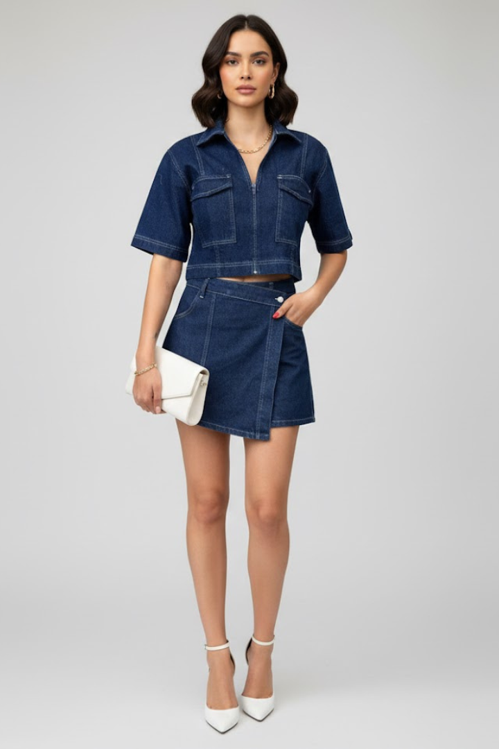 Aria | Women's Two-Piece Denim Set | Zip-Up Crop Top