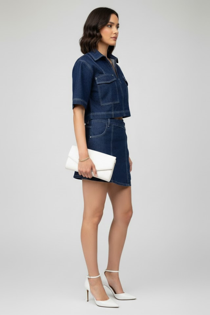 Aria | Women's Two-Piece Denim Set | Zip-Up Crop Top
