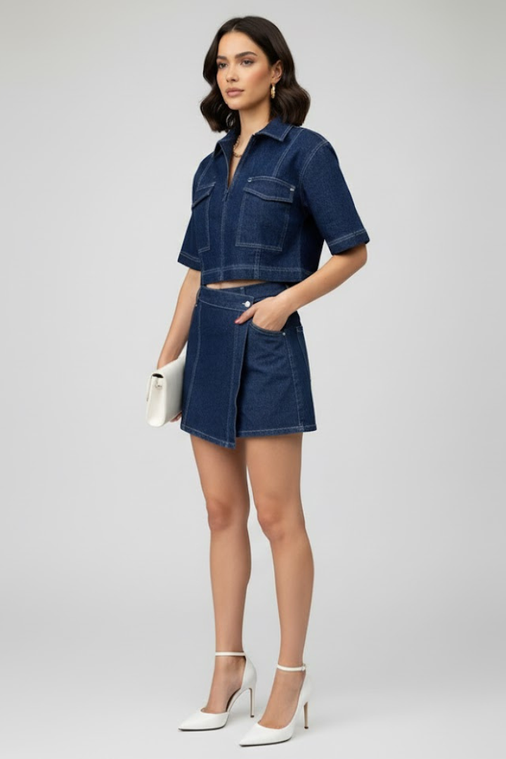 Aria | Women's Two-Piece Denim Set | Zip-Up Crop Top