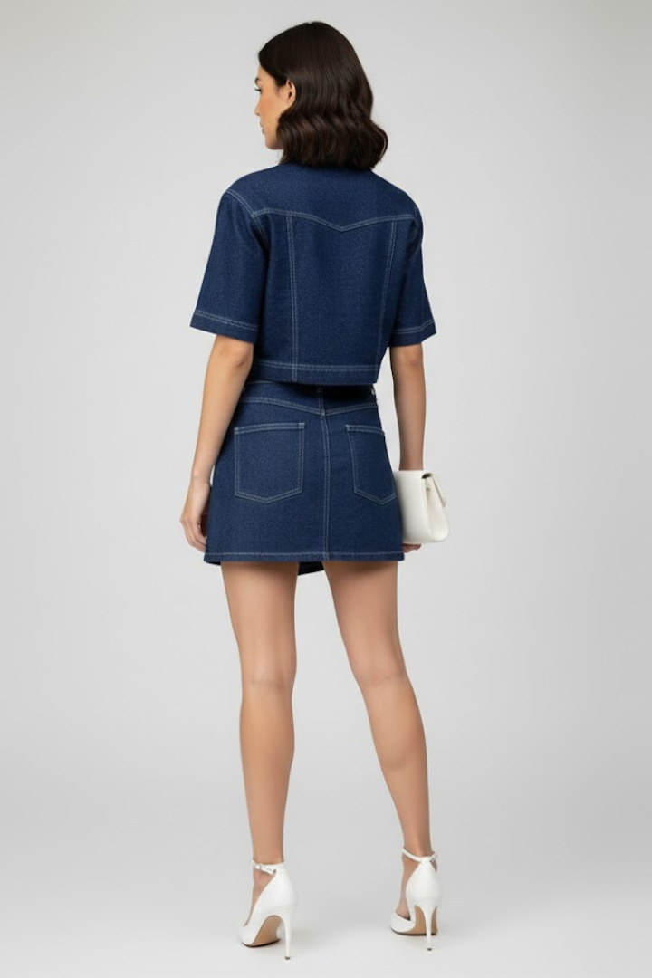 Aria | Women's Two-Piece Denim Set | Zip-Up Crop Top