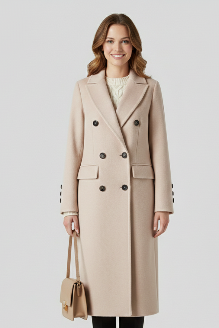 Women Coat with Lapel Collar and Button Closure - Khaki