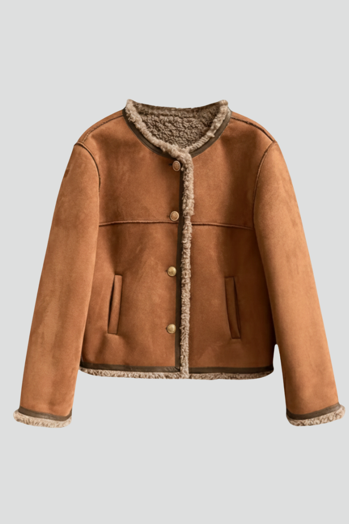 Women Jacket with Button Closure and Trim Edging - Brown