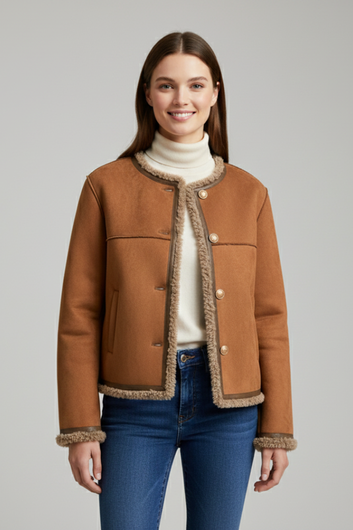 Women Jacket with Button Closure and Trim Edging - White