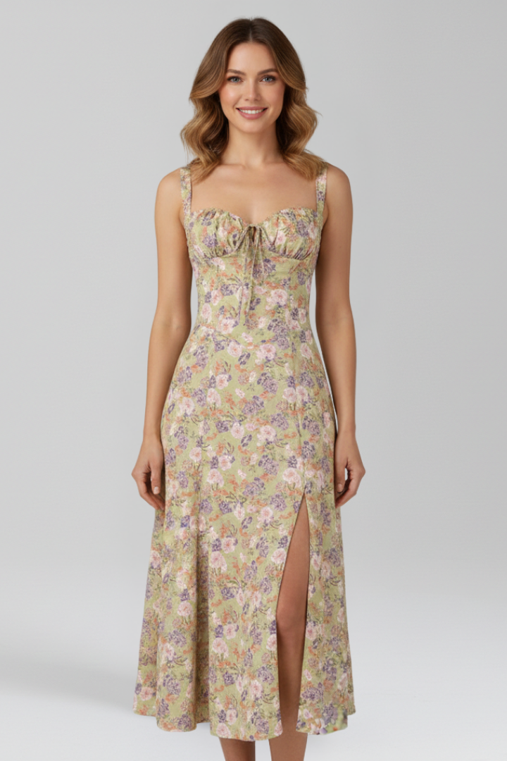 Vera | Women's Midi Dress | Shoulder Straps Patterned Skirt