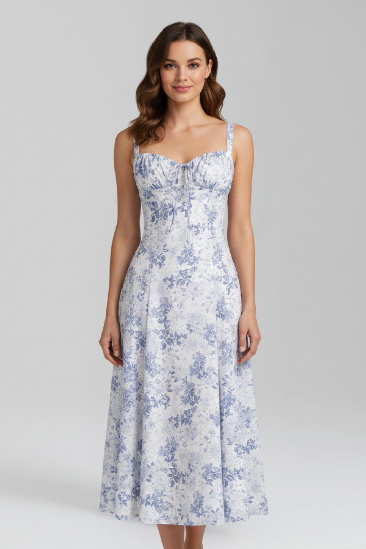 Vera | Women's Midi Dress | Shoulder Straps Patterned Skirt