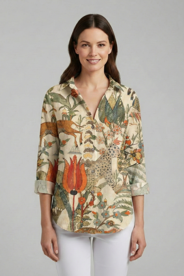 Delyth | Women's Blouse | V-Neckline Printed Surface