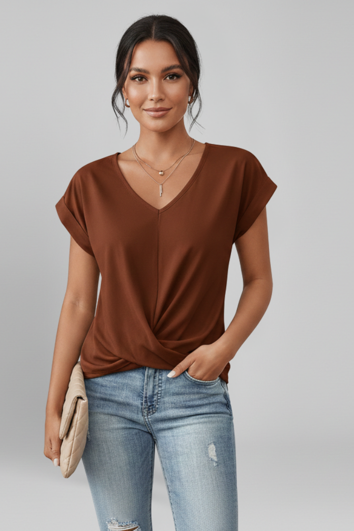 Femi | Women's Blouse | V-Neckline Short Sleeves Classic