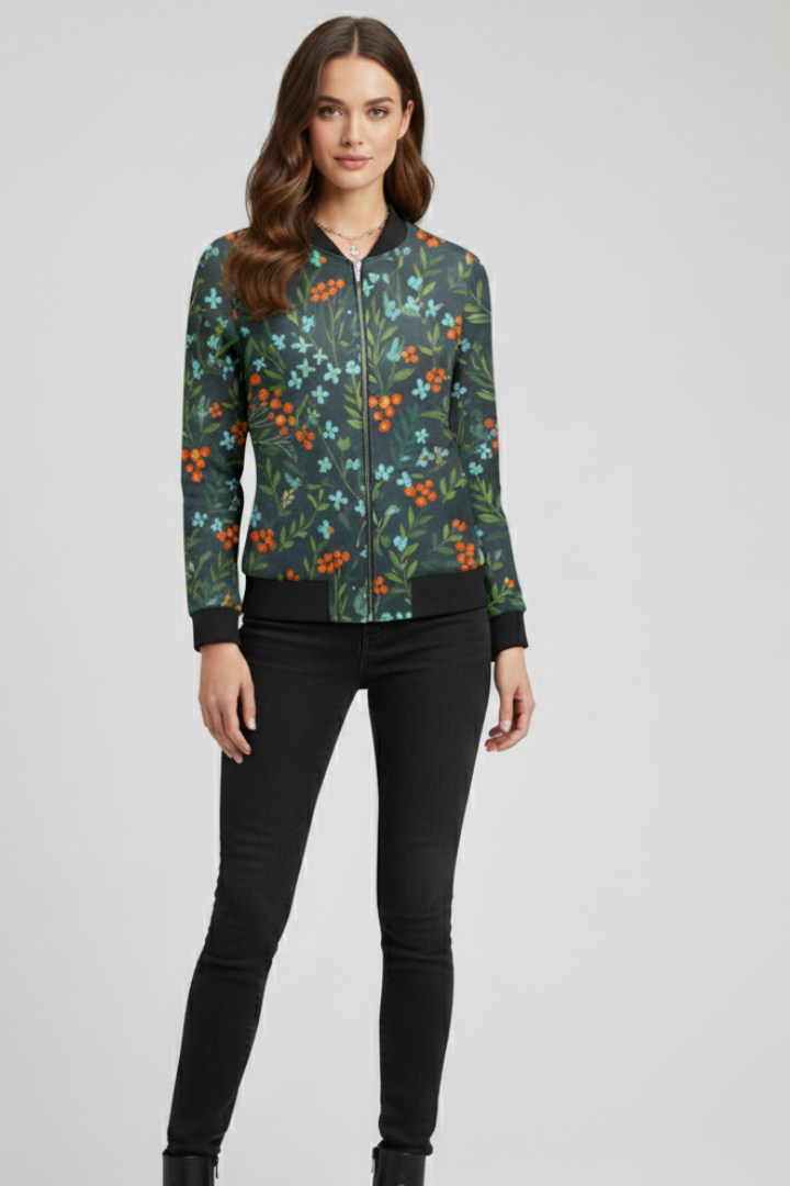 Swanhild | Women's Bomber Jacket | Zip & Floral Print