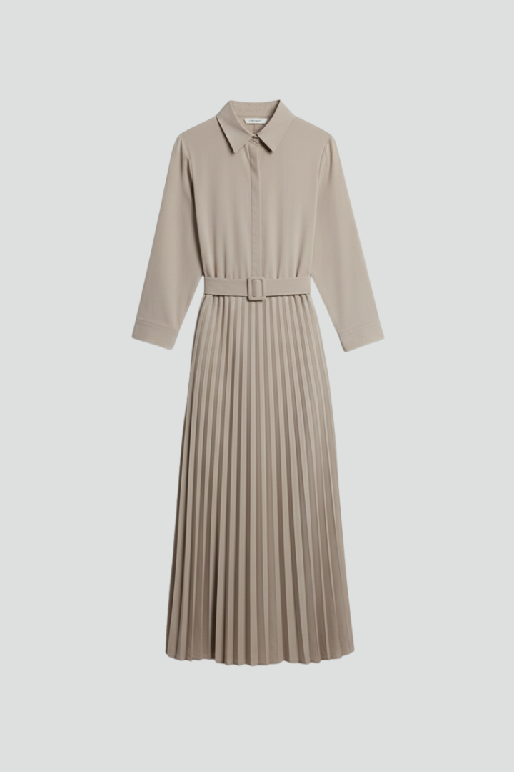 Yael | Women's Button-Up Midi Dress | Belted Waist Pleated Skirt