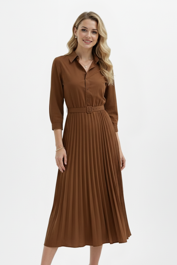Yael | Women's Button-Up Midi Dress | Belted Waist Pleated Skirt