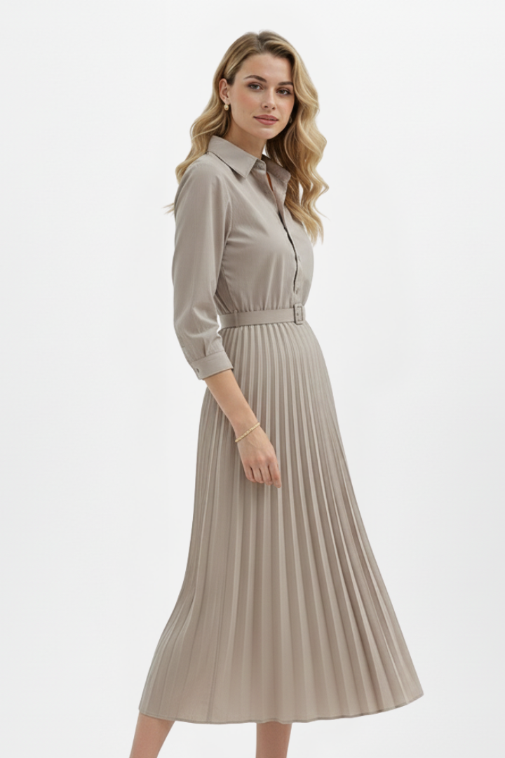 Yael | Women's Button-Up Midi Dress | Belted Waist Pleated Skirt