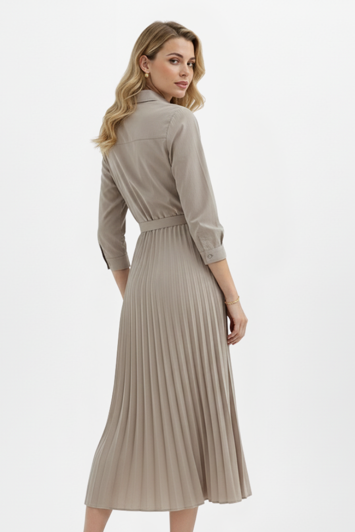 Yael | Women's Button-Up Midi Dress | Belted Waist Pleated Skirt