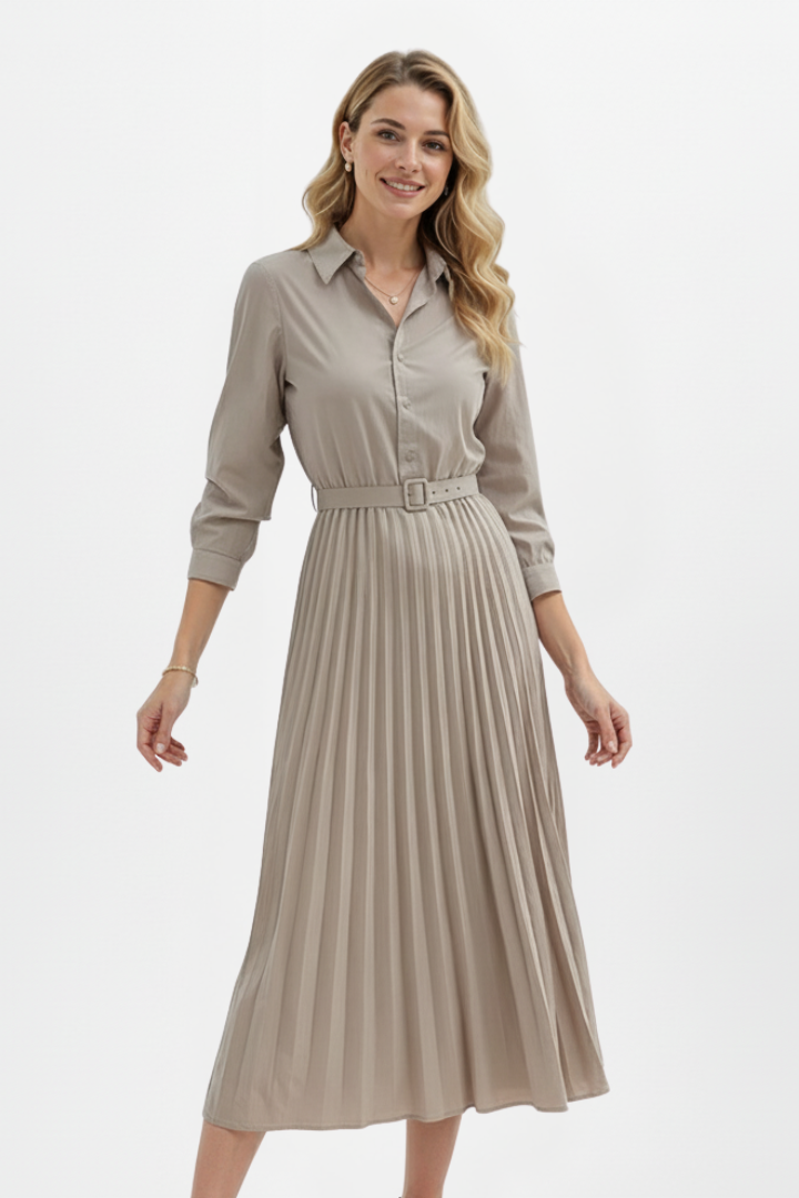 Yael | Women's Button-Up Midi Dress | Belted Waist Pleated Skirt