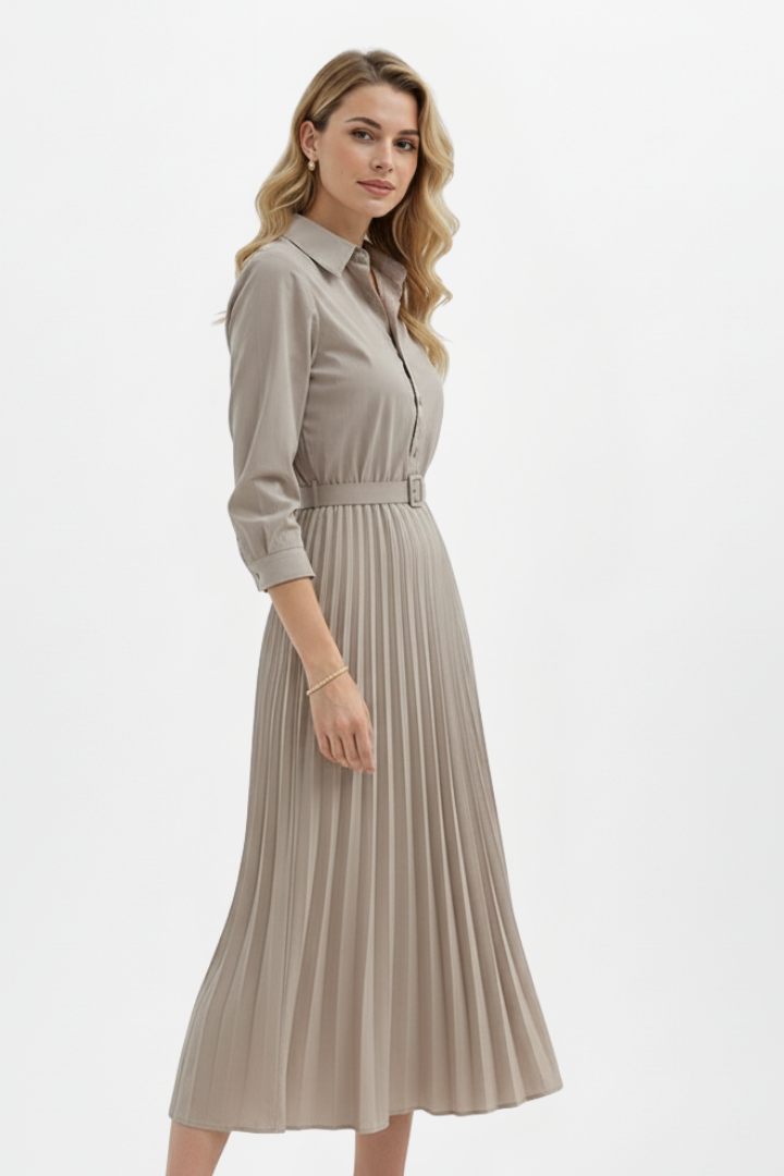 Yael | Women's Button-Up Midi Dress | Belted Waist Pleated Skirt