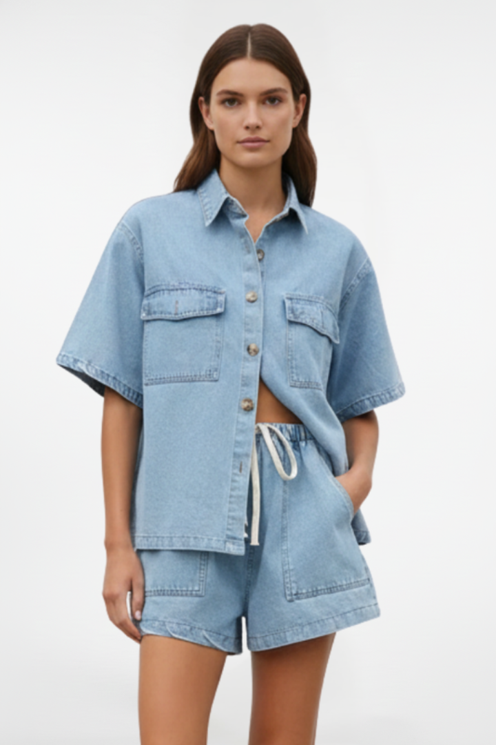 Eden | Women's Denim Set | Short-Sleeve Shirt Jacket and Shorts