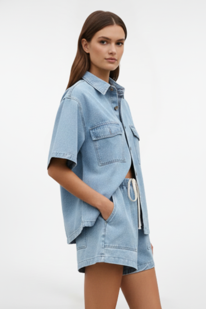 Eden | Women's Denim Set | Short-Sleeve Shirt Jacket and Shorts