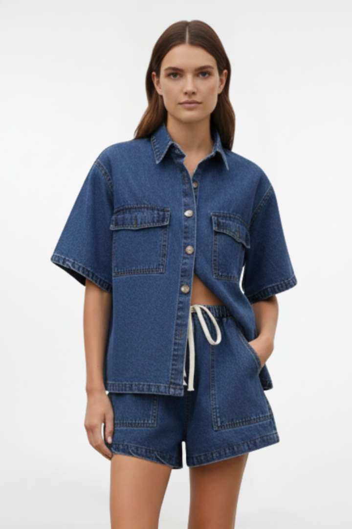 Eden | Women's Denim Set | Short-Sleeve Shirt Jacket and Shorts
