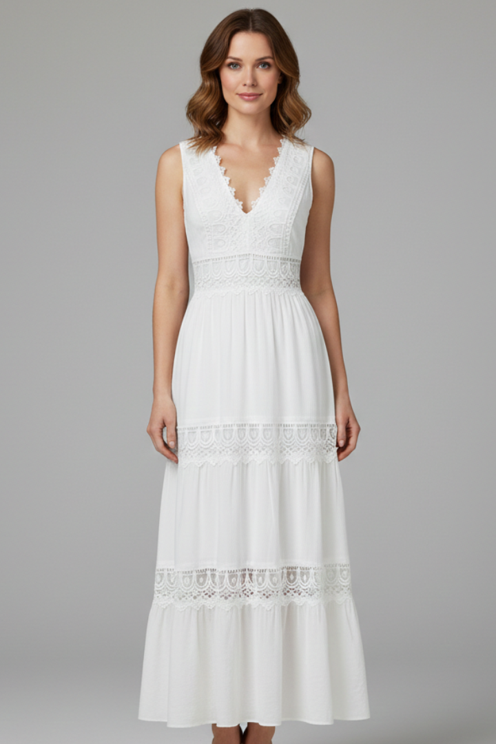 Ella | Women's Dress | Lace Appliques Tiered Skirt