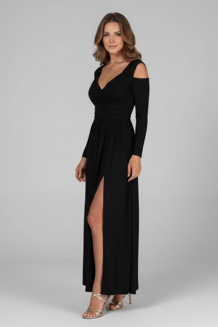 Uma | Women's Dress | Lace Appliques Tiered Skirt V Neck Slit