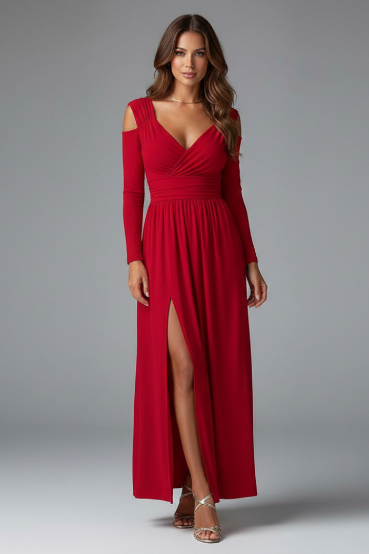 Uma | Women's Dress | Lace Appliques Tiered Skirt V Neck Slit