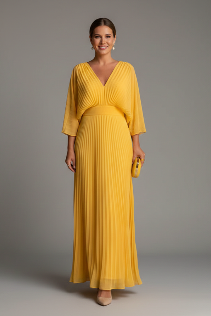 Chryseis | Women's Maxi Dress | V-Neckline Pleated Skirt
