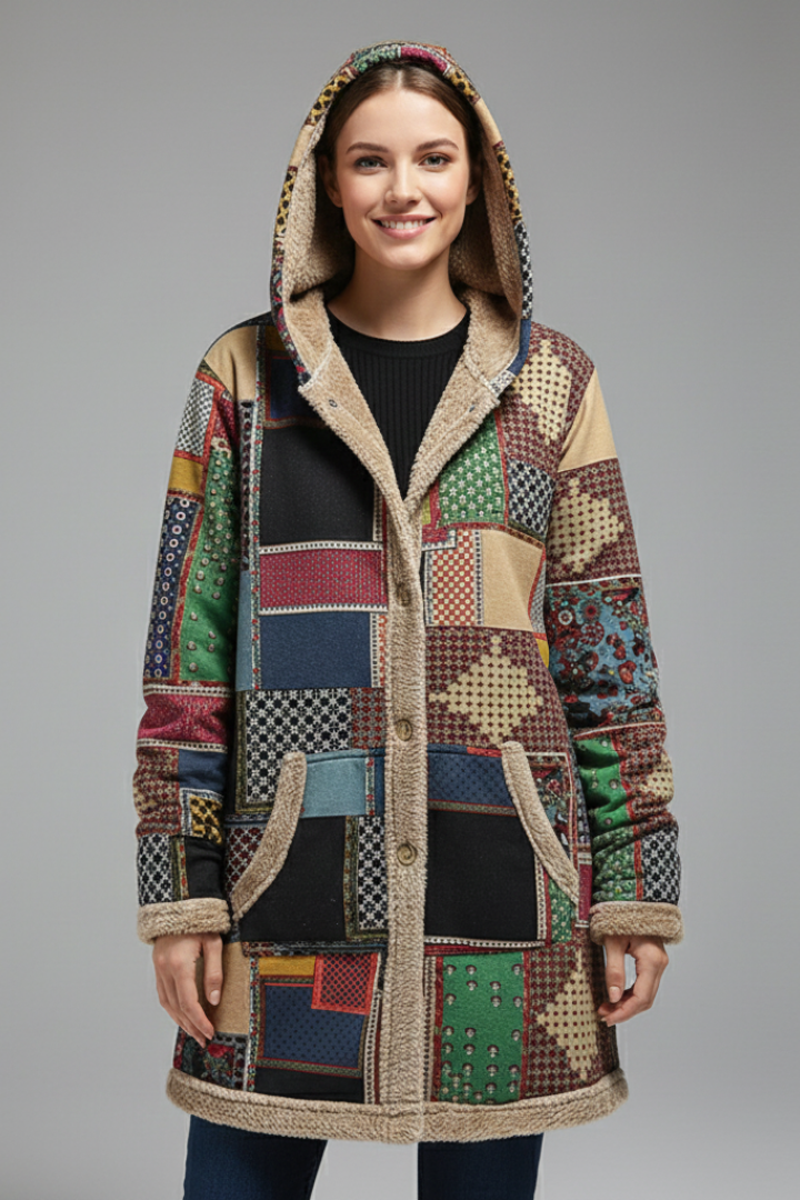 Philia | Women's Hooded Overcoat | Zip Patchwork Surface