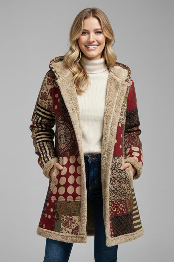 Philia | Women's Hooded Overcoat | Zip Patchwork Surface