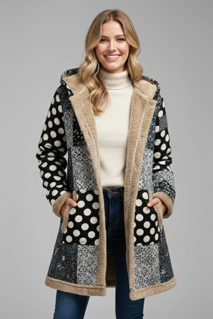 Philia | Women's Hooded Overcoat | Zip Patchwork Surface