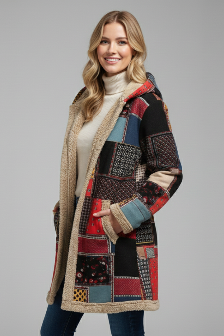 Philia | Women's Hooded Overcoat | Zip Patchwork Surface