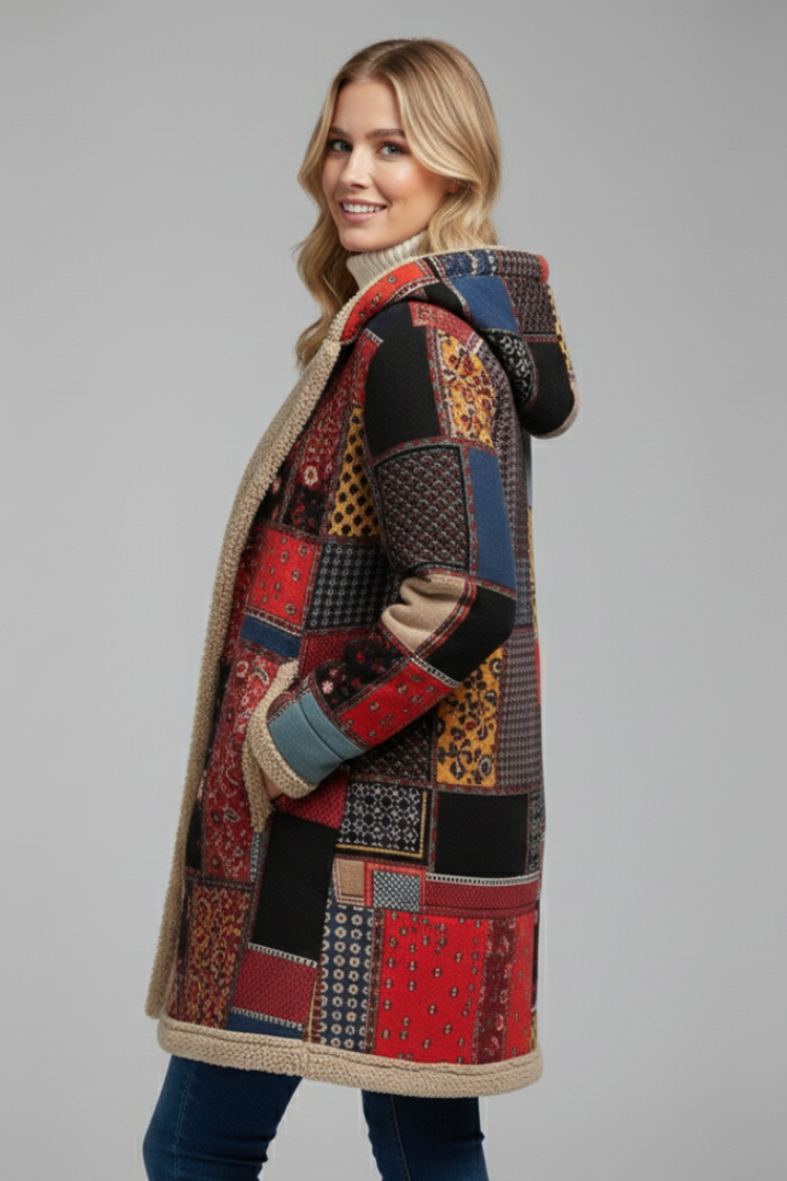 Philia | Women's Hooded Overcoat | Zip Patchwork Surface
