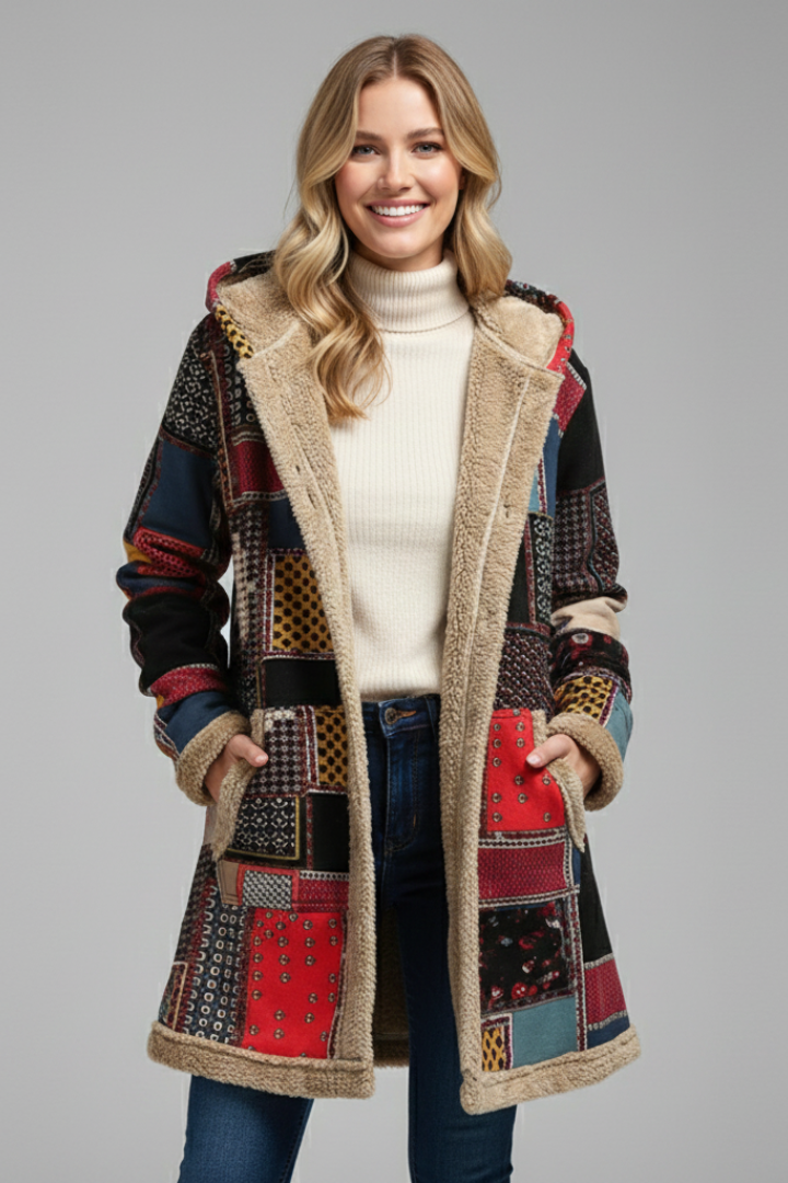 Philia | Women's Hooded Overcoat | Zip Patchwork Surface